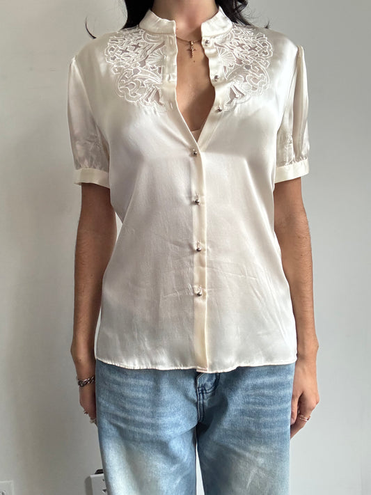 Vintage Silk Ivory Embroidered Blouse Size Small