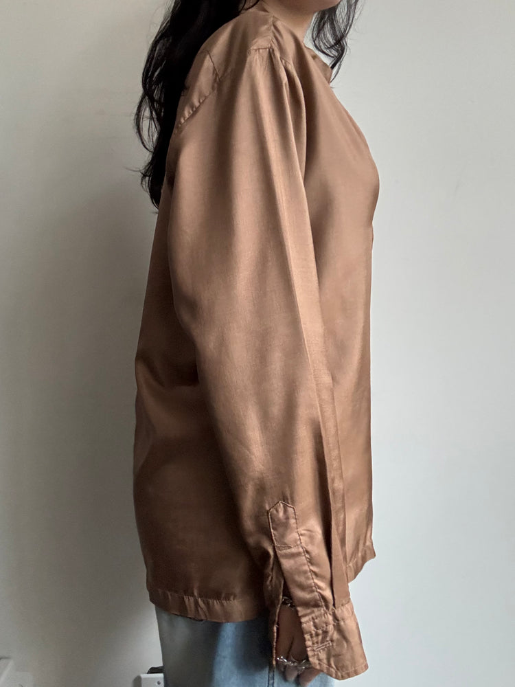 Vintage Satin Long-Sleeve Brown Button-Down Medium