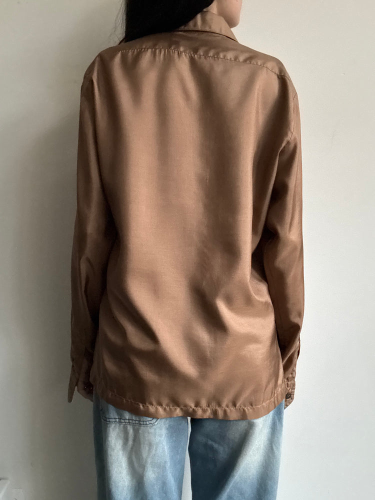 Vintage Satin Long-Sleeve Brown Button-Down Medium