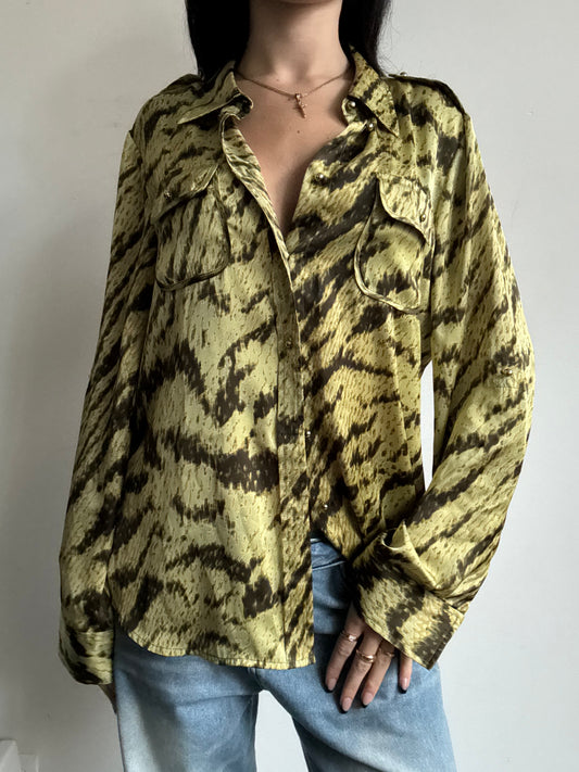 Vintage Green Tiger Print Button-Up Size Large