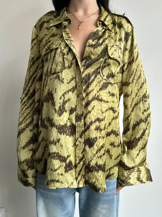Vintage Green Tiger Print Button-Up Size Large