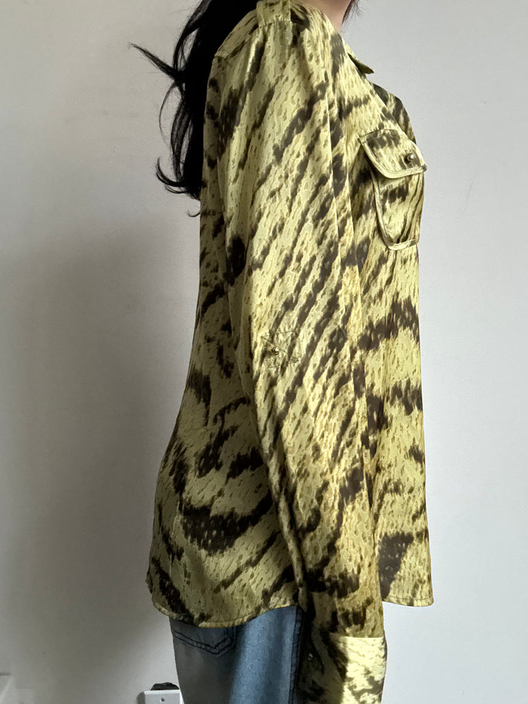 Vintage Green Tiger Print Button-Up Size Large