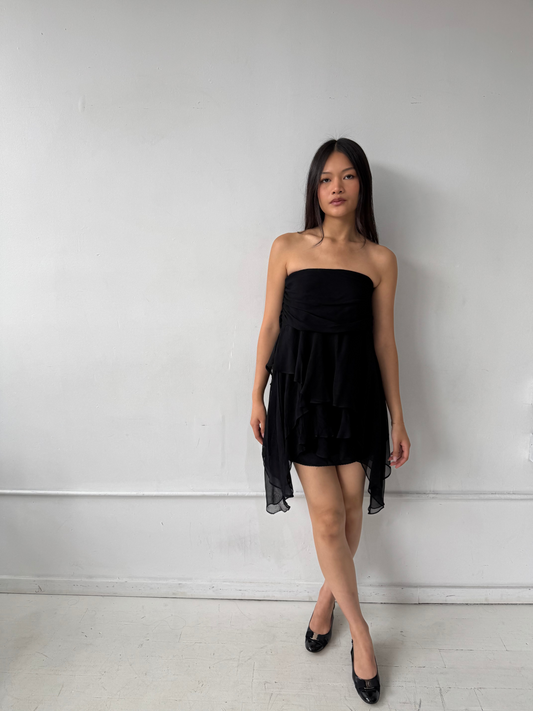 Vintage Silk Black Ruffle Tube Dress Size S-M