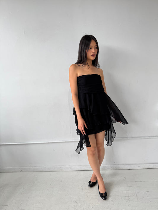 Vintage Silk Black Ruffle Tube Dress Size S-M