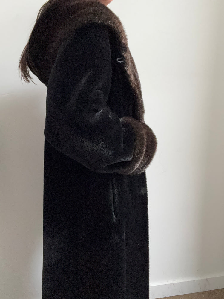 Vintage Black Faux Fur Jacket w/ Brown Cuffs + Hood Size Medium