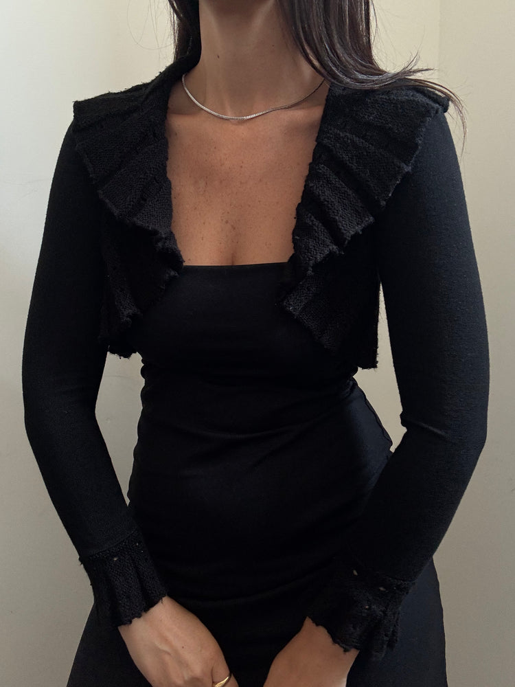 Vintage Black Knit Ruffle Bolero Size XS