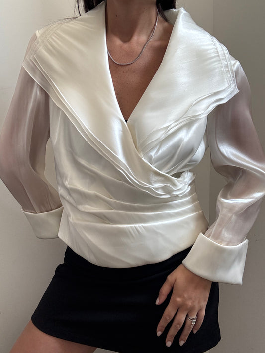 Vintage Ivory Chiffon Ruffle Pleated Blouse Size Large