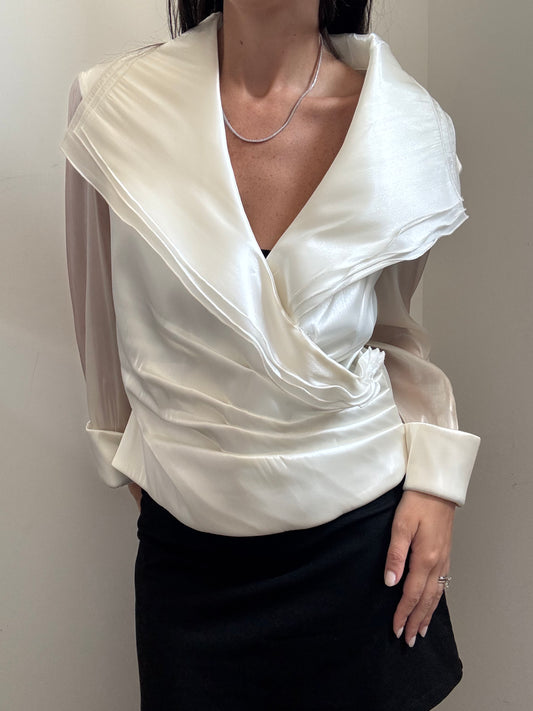 Vintage Ivory Chiffon Ruffle Pleated Blouse Size Large