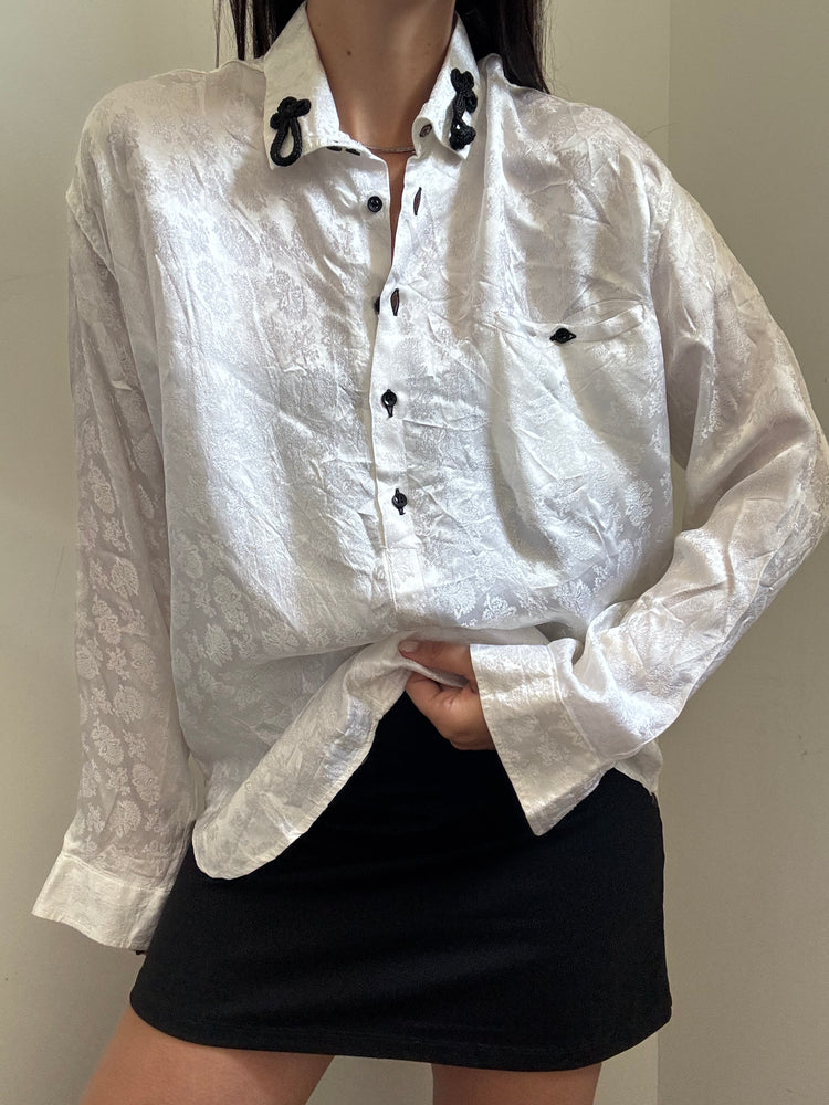 Vintage White Silk Embossed Blouse Size Medium