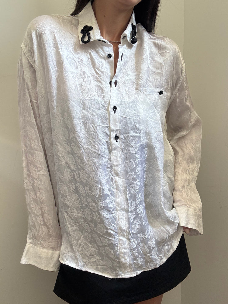 Vintage White Silk Embossed Blouse Size Medium