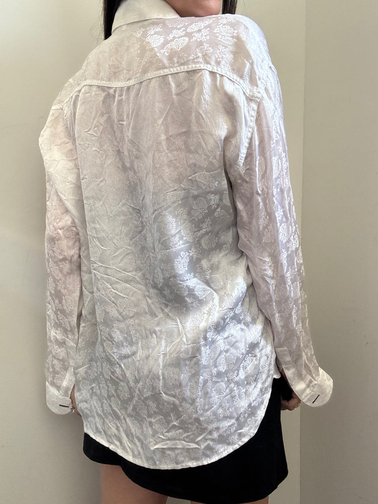 Vintage White Silk Embossed Blouse Size Medium