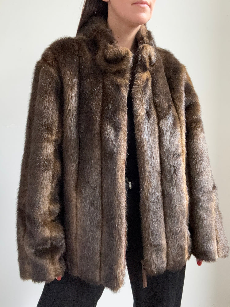 Vintage Brown Faux Fur Zip Up Jacket Size Medium
