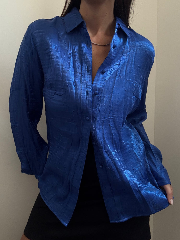 Vintage Royal Blue Shiny Button Down Shirt Size Medium