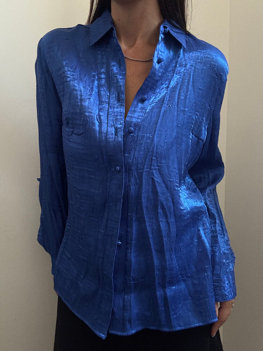 Vintage Royal Blue Shiny Button Down Shirt Size Medium
