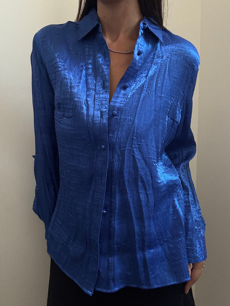 Vintage Royal Blue Shiny Button Down Shirt Size Medium