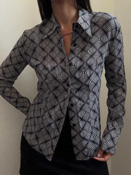 Vintage Silk Black & White Print Button Up Top Size Small