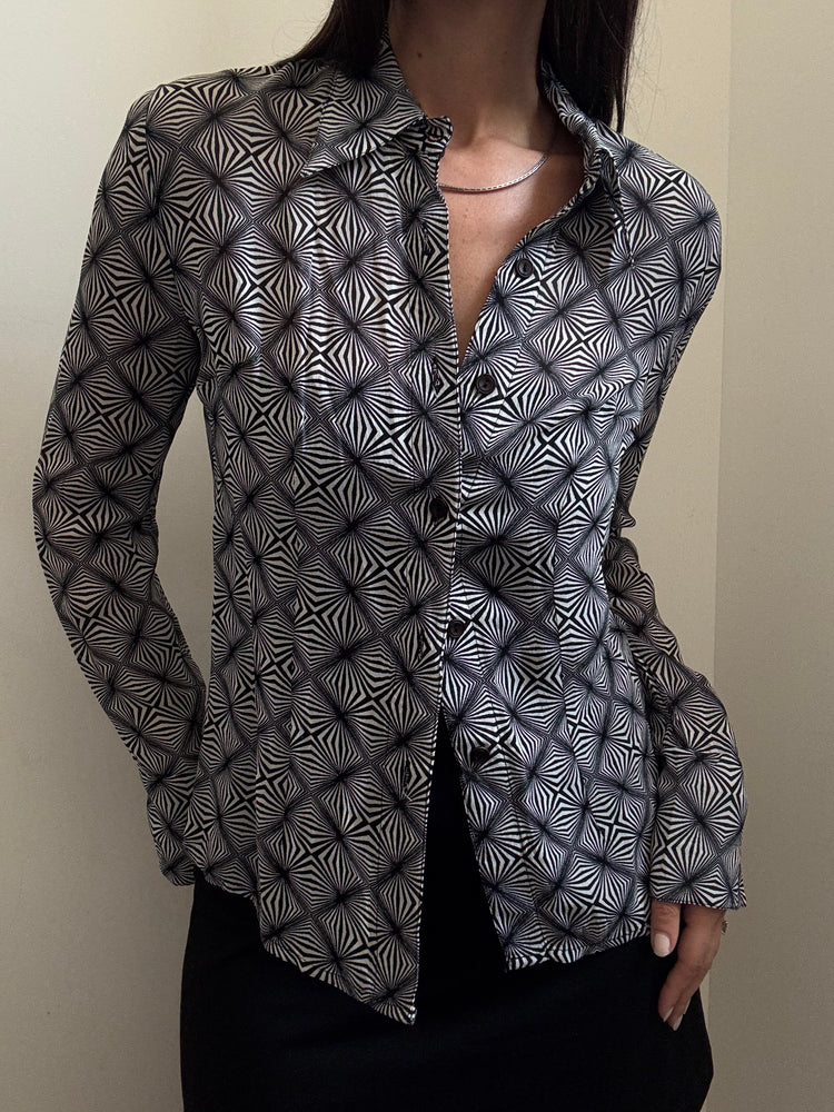 Vintage Silk Black & White Print Button Up Top Size Small