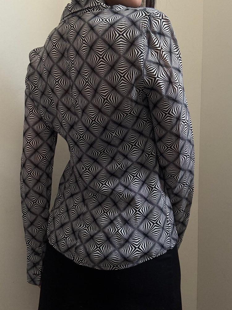 Vintage Silk Black & White Print Button Up Top Size Small