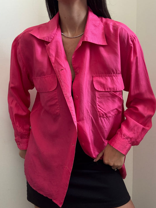 Vintage Pink Washed Silk Button Down Blouse Size Large