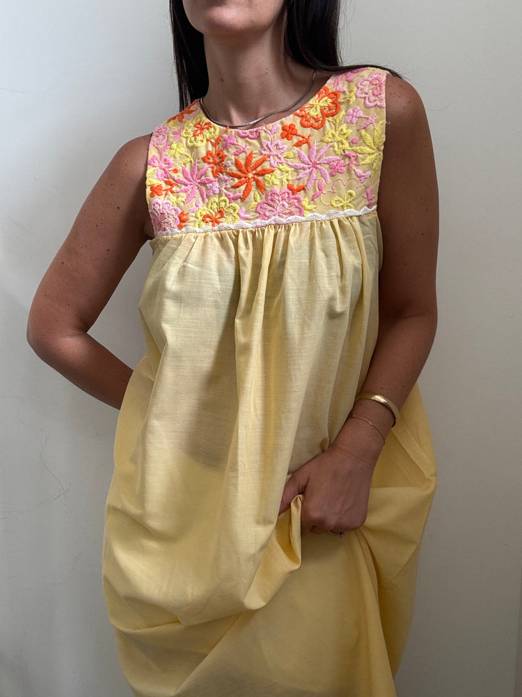 Vintage Yellow Embroidered Cotton Maxi Dress Size Medium