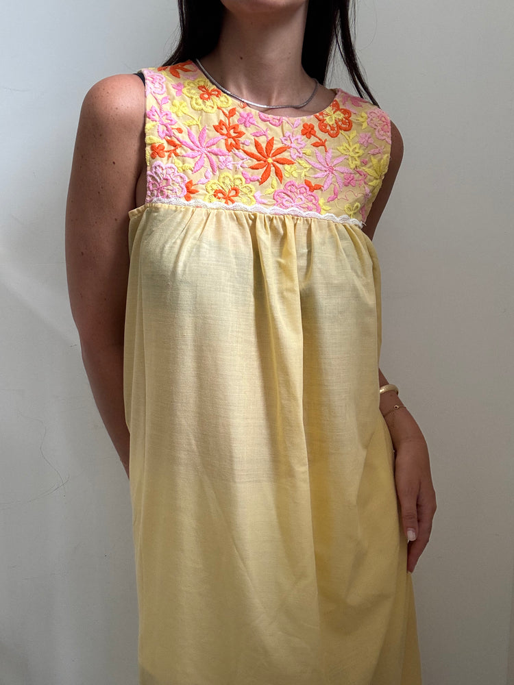 Vintage Yellow Embroidered Cotton Maxi Dress Size Medium