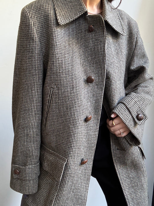 Vintage Wool Brown + Green Checked Mid-Length Coat Size Large
