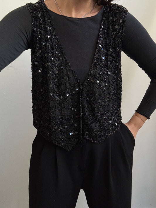 Vintage Black Sequin V-neck Vest Size Small