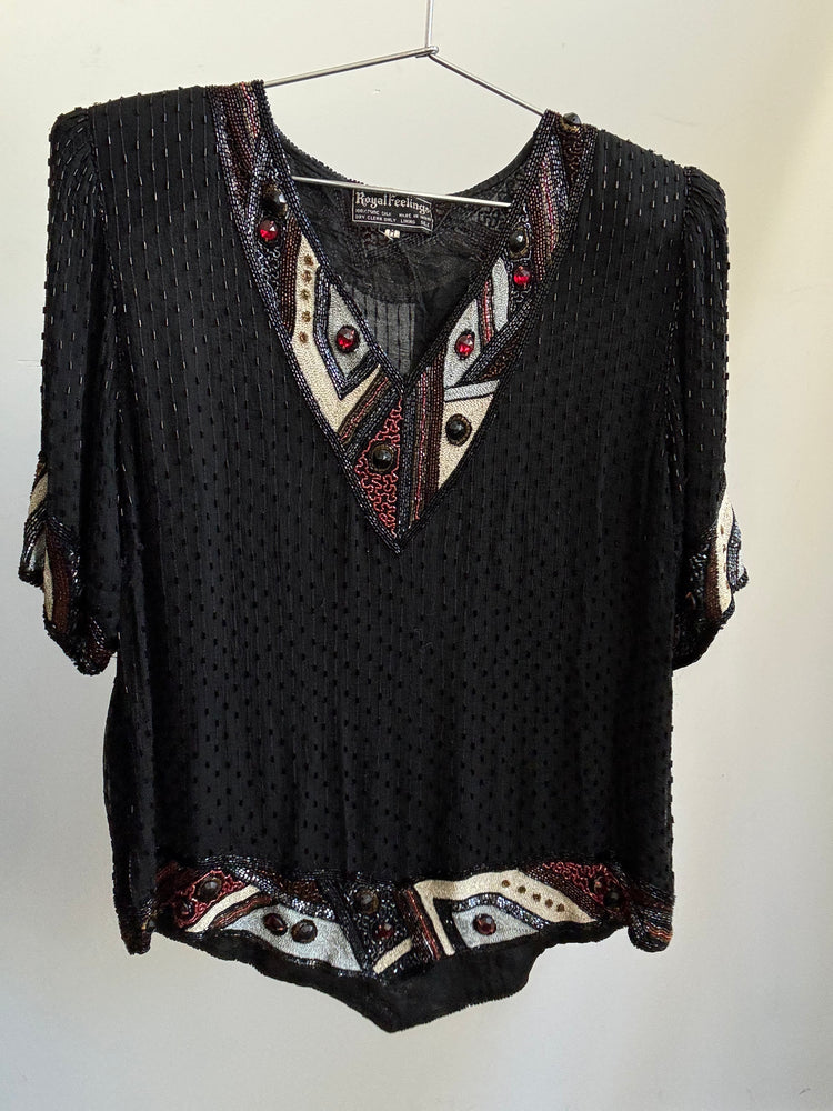Vintage Black Silk Gem Patterned Ornate Top Size Medium