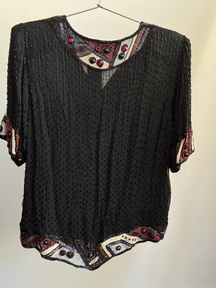Vintage Black Silk Gem Patterned Ornate Top Size Medium