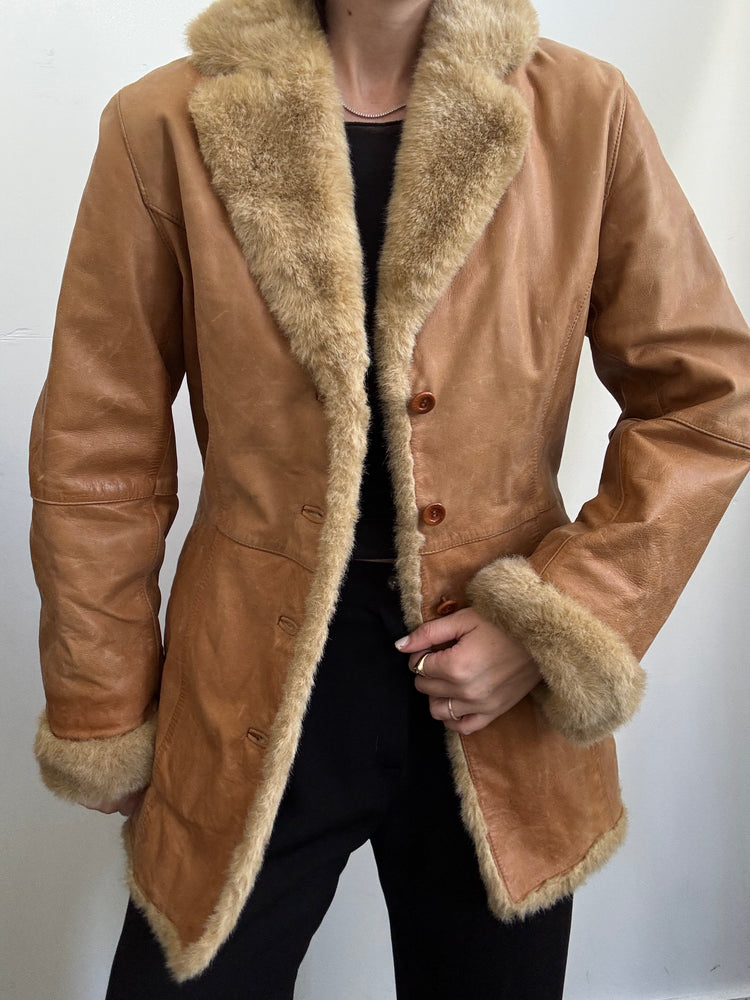 Vintage Tan Leather With Faux Fur Jacket Size XSmall