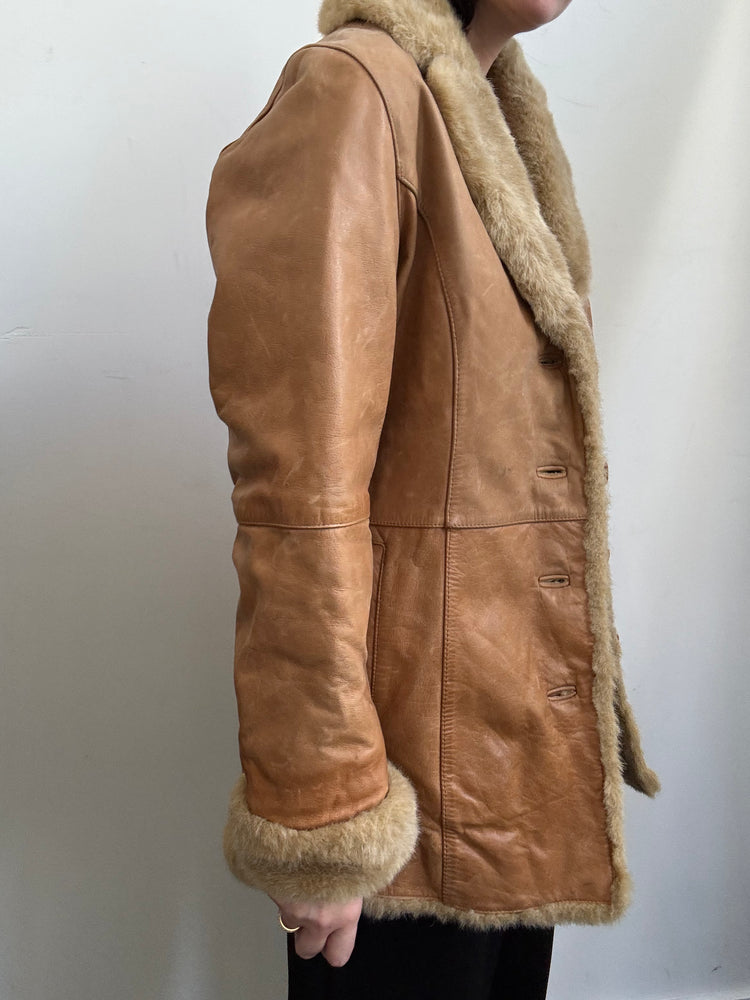 Vintage Tan Leather With Faux Fur Jacket Size XSmall