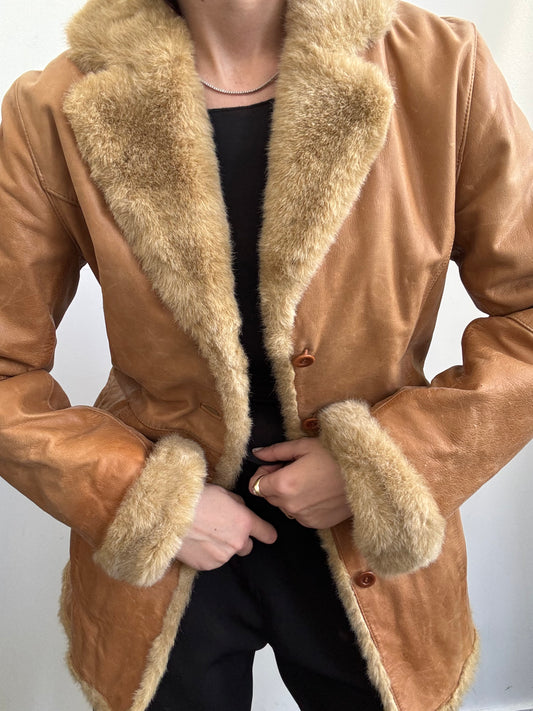 Vintage Tan Leather With Faux Fur Jacket Size XSmall
