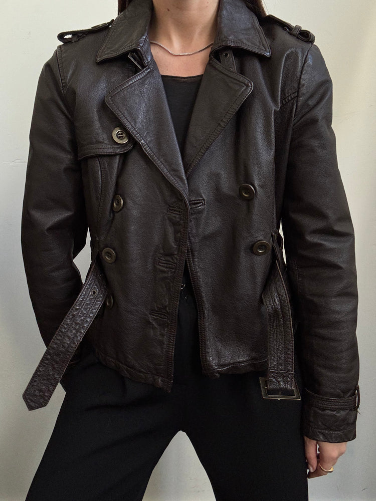 Vintage Y2K Fitted Brown Leather Jacket Size XS