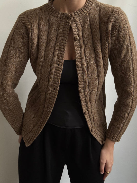 Vintage Brown Wool Cable Knit Cardigan Size Small