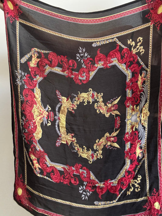 Vintage Italian Black Red and Gold Silk Scarf