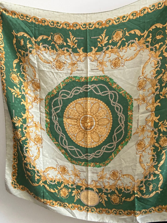 Vintage Italian Green and Gold Floral Silk Scarf
