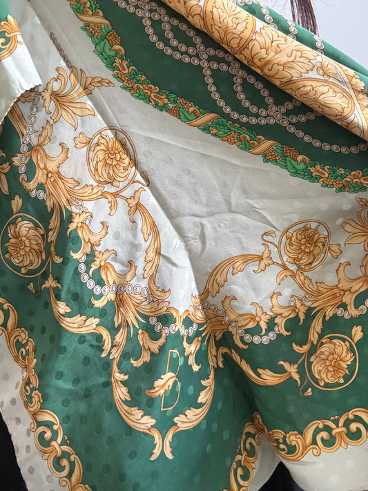 Vintage Italian Green and Gold Floral Silk Scarf