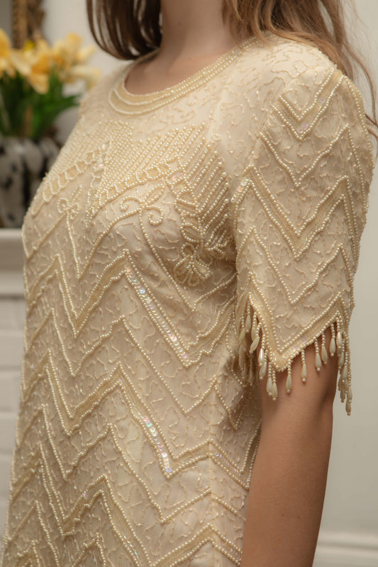 Vintage Silk Beaded Off White Silk Dress Size 6