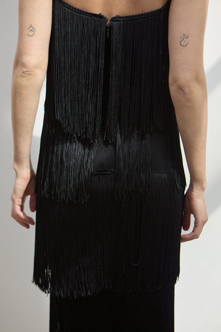 Vintage Fringe Long Black Dress Size 4