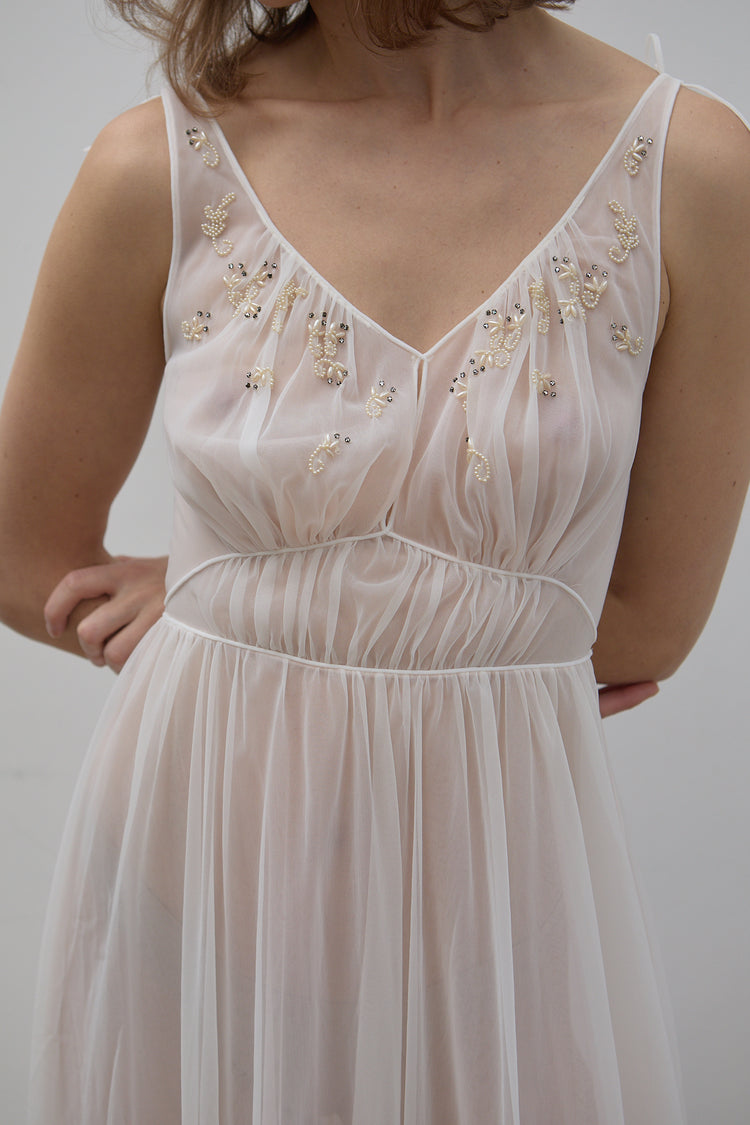 Vintage White Sheer and Pink Slip Gown Size 4