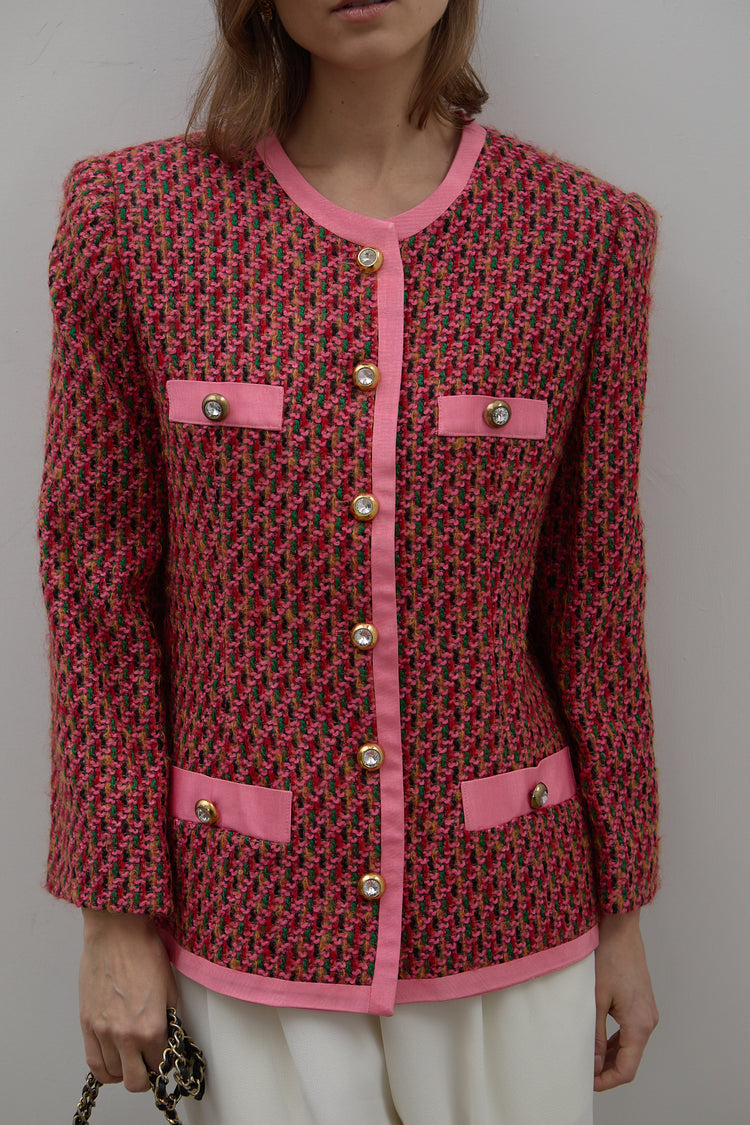 Vintage Pink Tweed  Blazer with Crystal Buttons Size 4