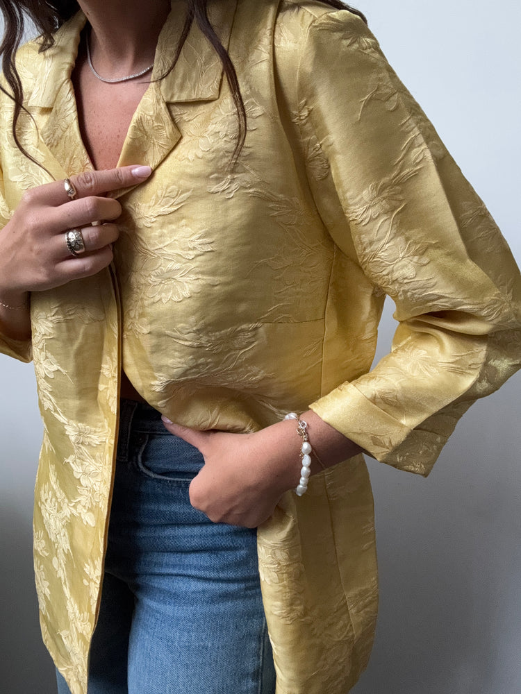 Vintage Yellow 3/4 Sleeve Jacquard Patterned Button-Up Size Small