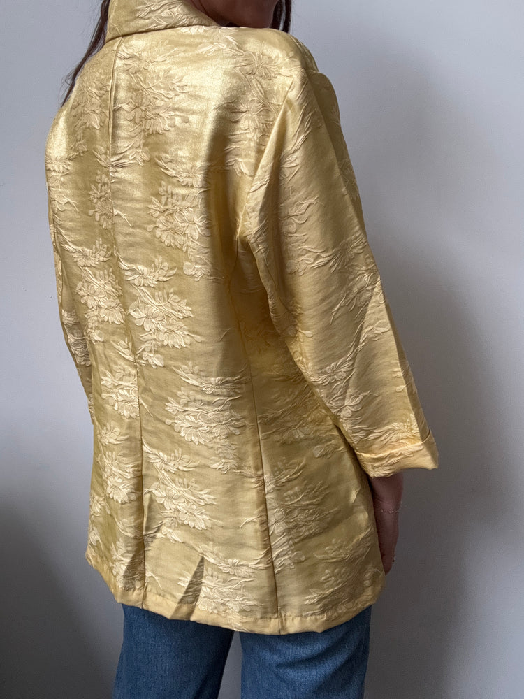 Vintage Yellow 3/4 Sleeve Jacquard Patterned Button-Up Size Small