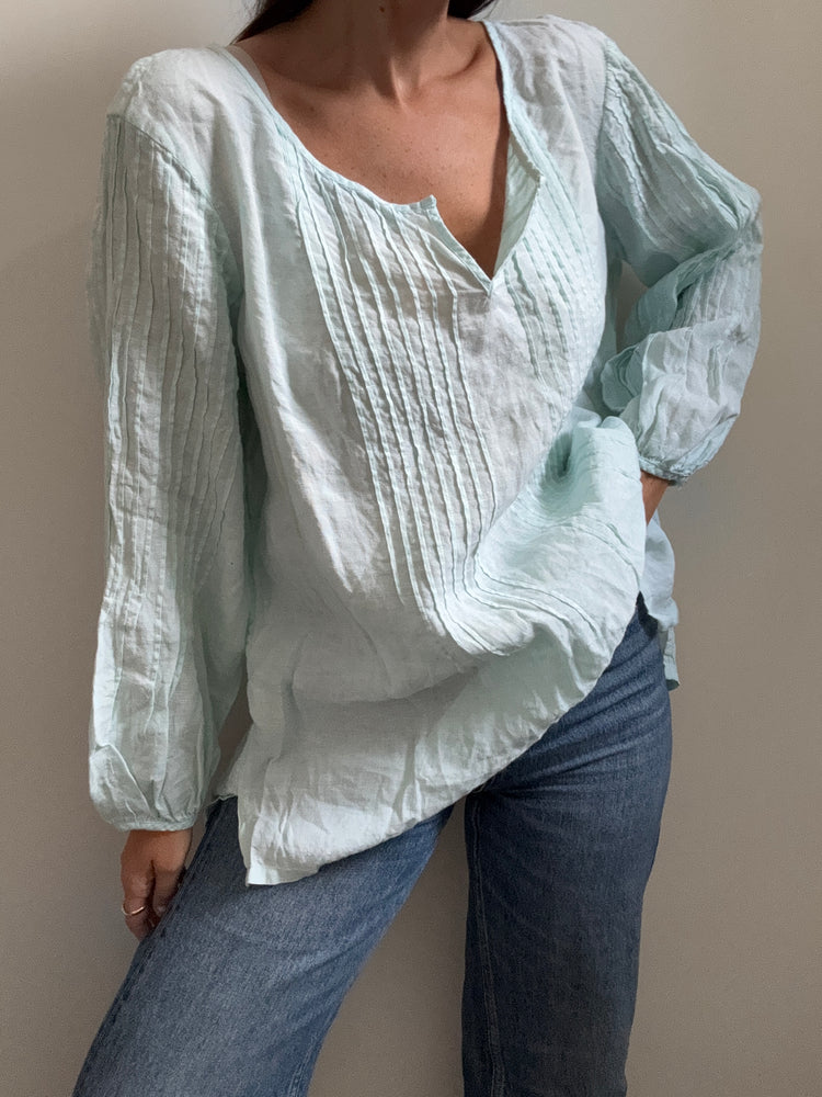 Vintage Pale Blue Linen Blouse Size X-Large