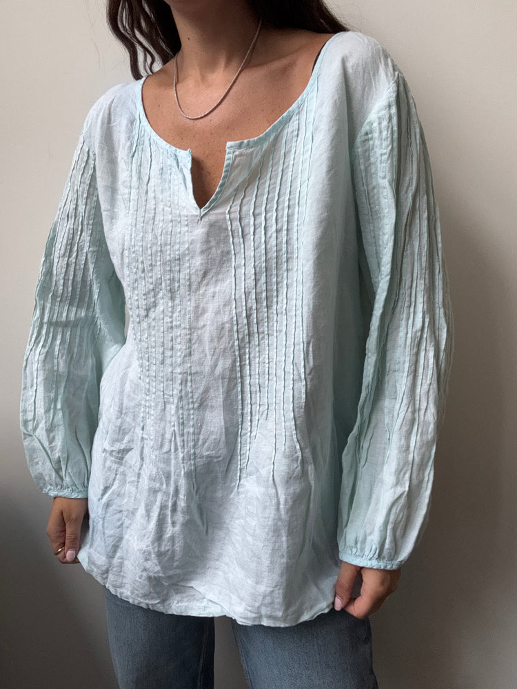 Vintage Linen Pale Blue Pleated Blouse Size XL