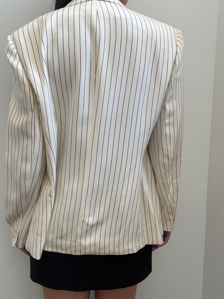 Vintage Cream & Brown Silk Striped Blazer Size Large
