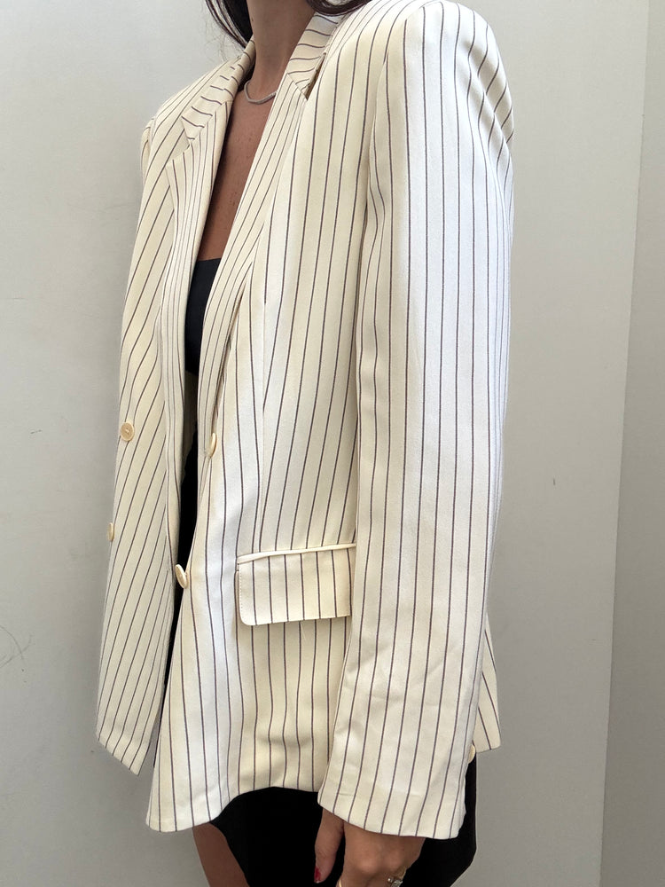 Vintage Cream & Brown Silk Striped Blazer Size Large