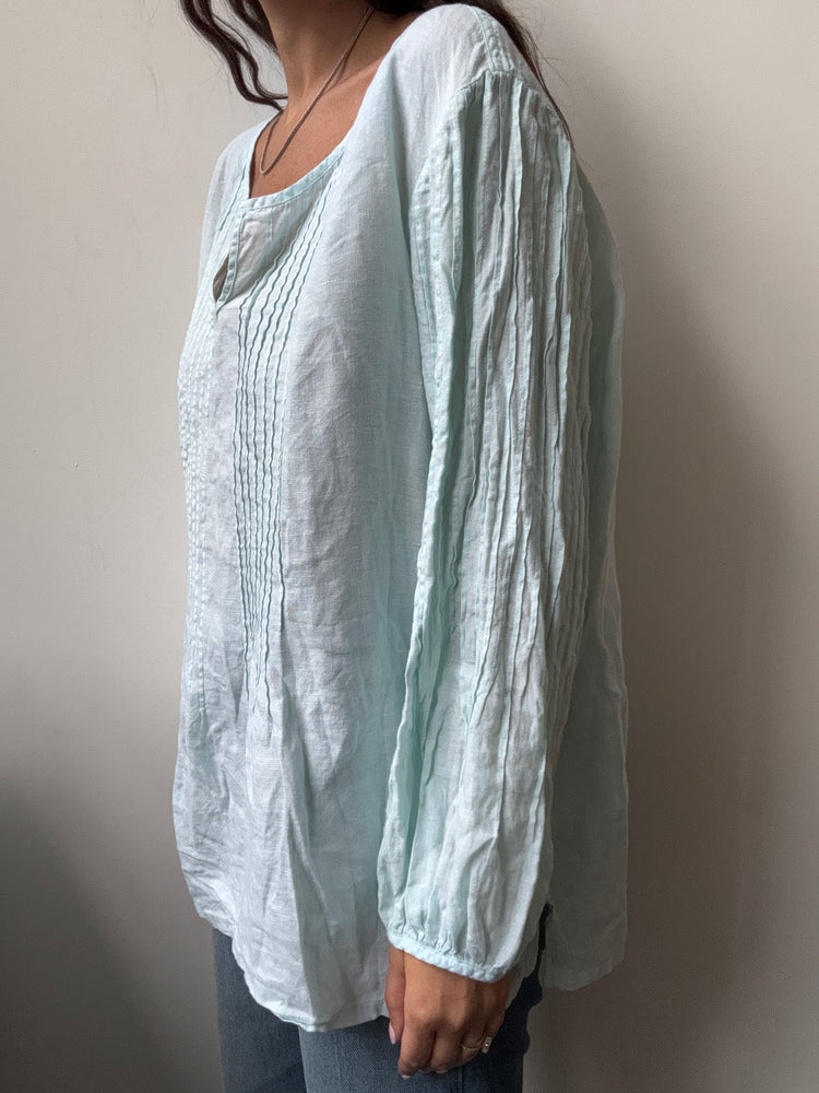 Vintage Linen Pale Blue Pleated Blouse Size XL