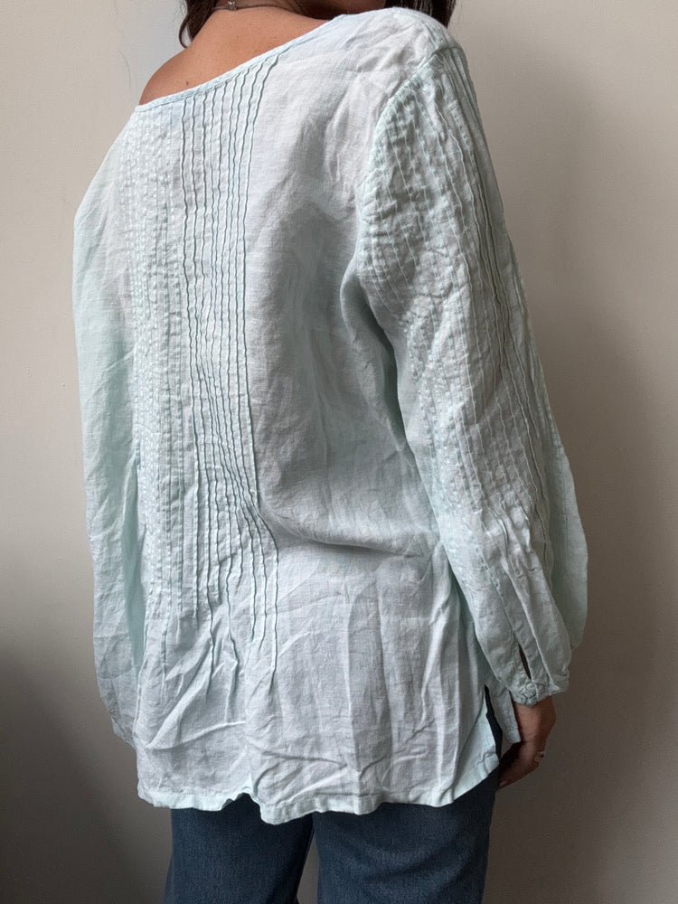 Vintage Linen Pale Blue Pleated Blouse Size XL