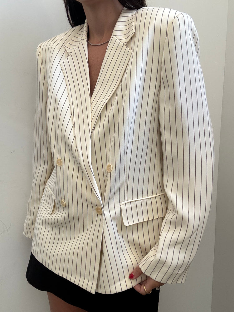 Vintage Cream & Brown Silk Striped Blazer Size Large